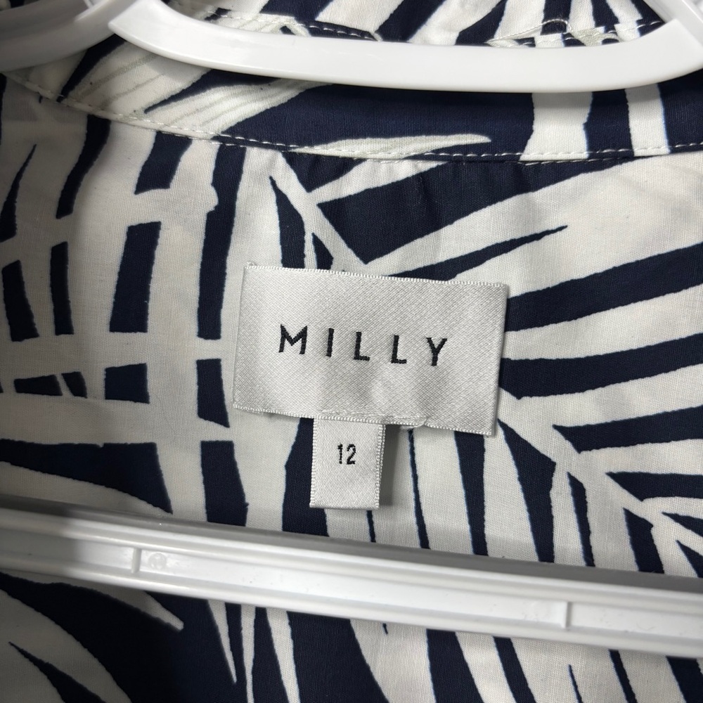 MILLY Maxwell Palm Print Poplin Dress Navy Blue & White Size 12 - Picture 8 of 15